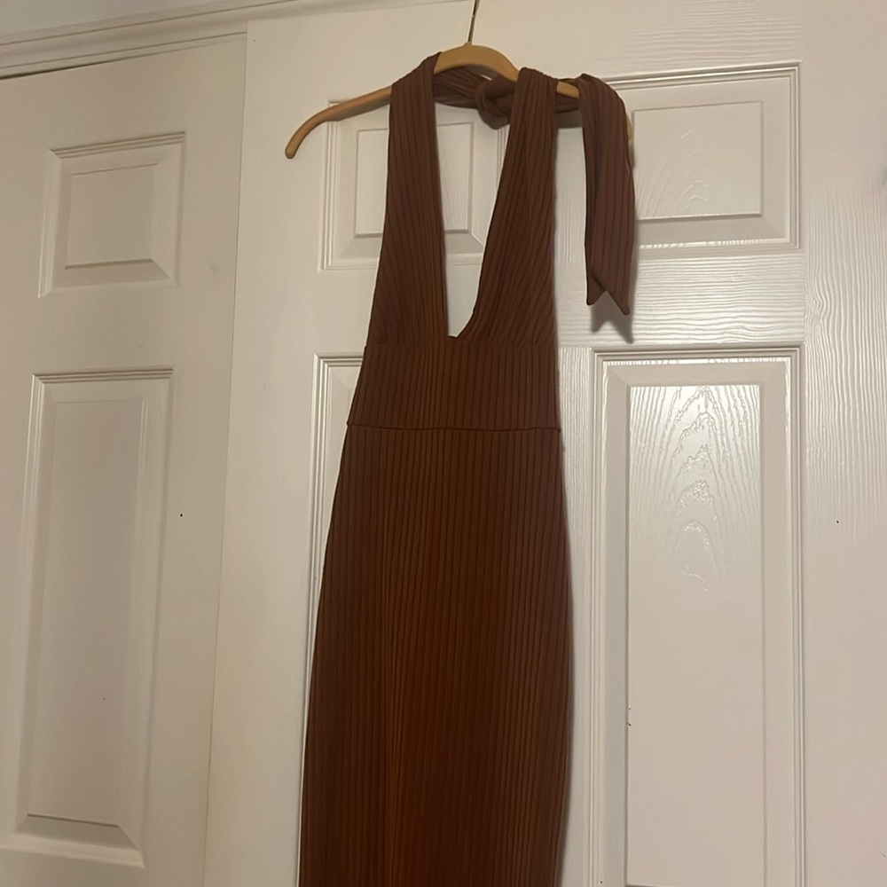 Brown Halter Backless Dress